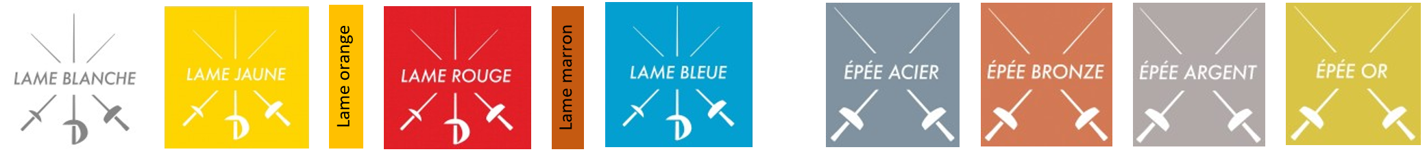 LAMES : blanche, jaune, [orange], rouge, [marron], bleue - ARMES : acier, bronze, argent, or